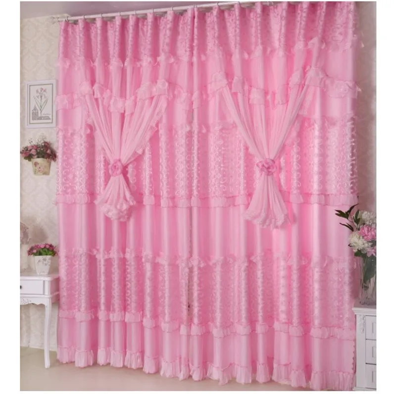 Кружевные занавески ручной работы для девочек, розовые/фиолетовые кружевные прозрачные шторы для детской спальни, 3 слоя(1,5*2,8 м X 2
