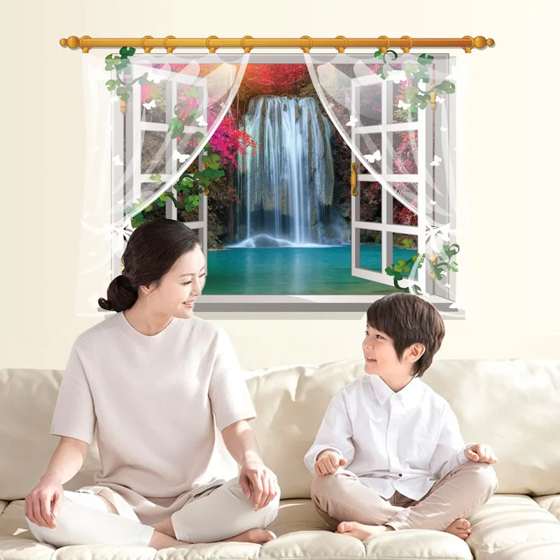 3D Window View Wall Sticker Waterfall Scenery Home Decoration Stickers Living Room Bedroom Art Mural Poster Decals | Дом и сад