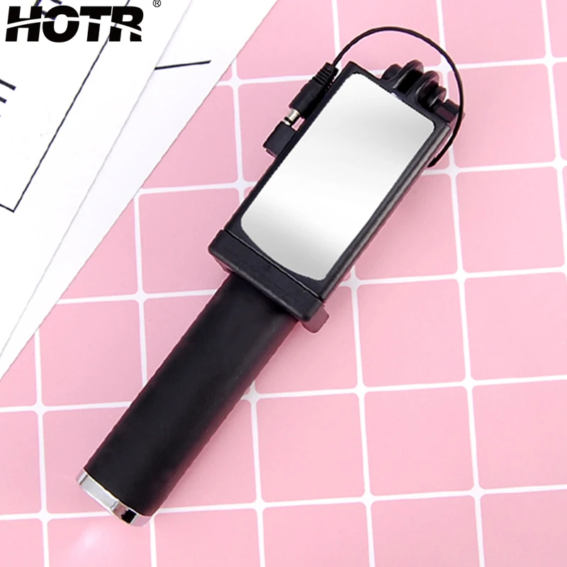 HOTR Mirror Selfie Stick Pau de Selfie Wired Selfi with Storage Grooved
