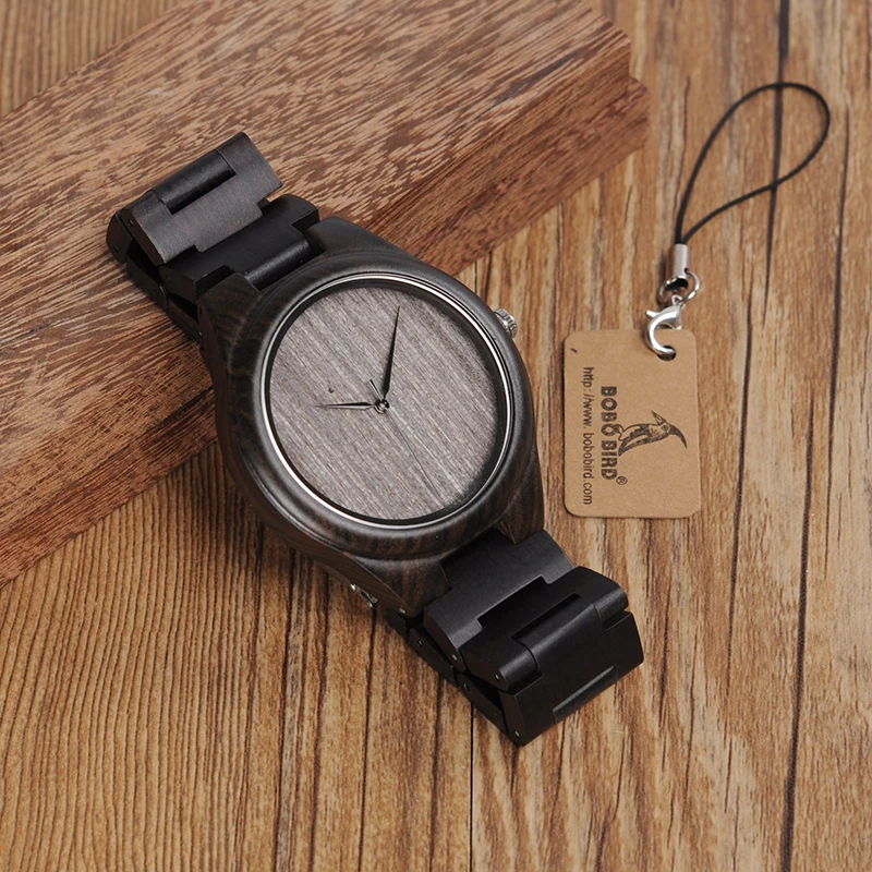 BOBO BIRD L-H06 Ebony Wooden Watches Men Handmade Simple Design Grey Dial without Scale Watches with Wooden Band as Gifts