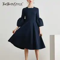 TWOTWINSTYLE Ruffles Dress For Women Flare Sleeve Tunic High Waist Square Collar Draped Long Dresses Spring Vintage Clothing