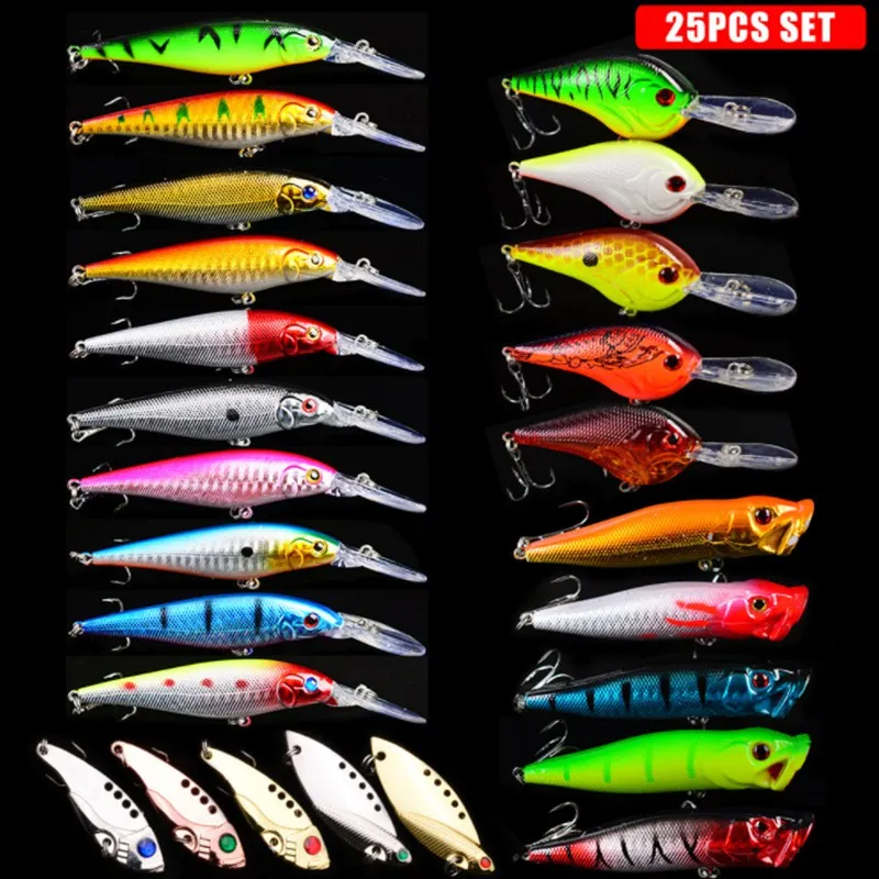 

25PCS Lure Kit Mixed Artificial Bait 5pcs Mini Minnow 5pcs Long Popper 5pcs Spoon 10pcs Long Minnow Fishing Tackles