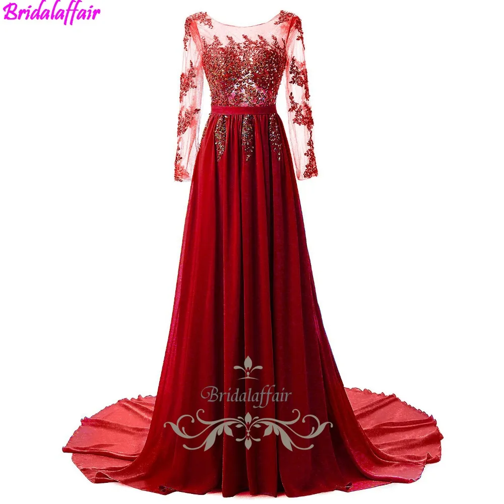 

Free Shipping Red A-line Long Prom Dresses Chiffon Floor-length Fashion Long Sleeve Evening Dresses Appliques Lace Prom Gowns