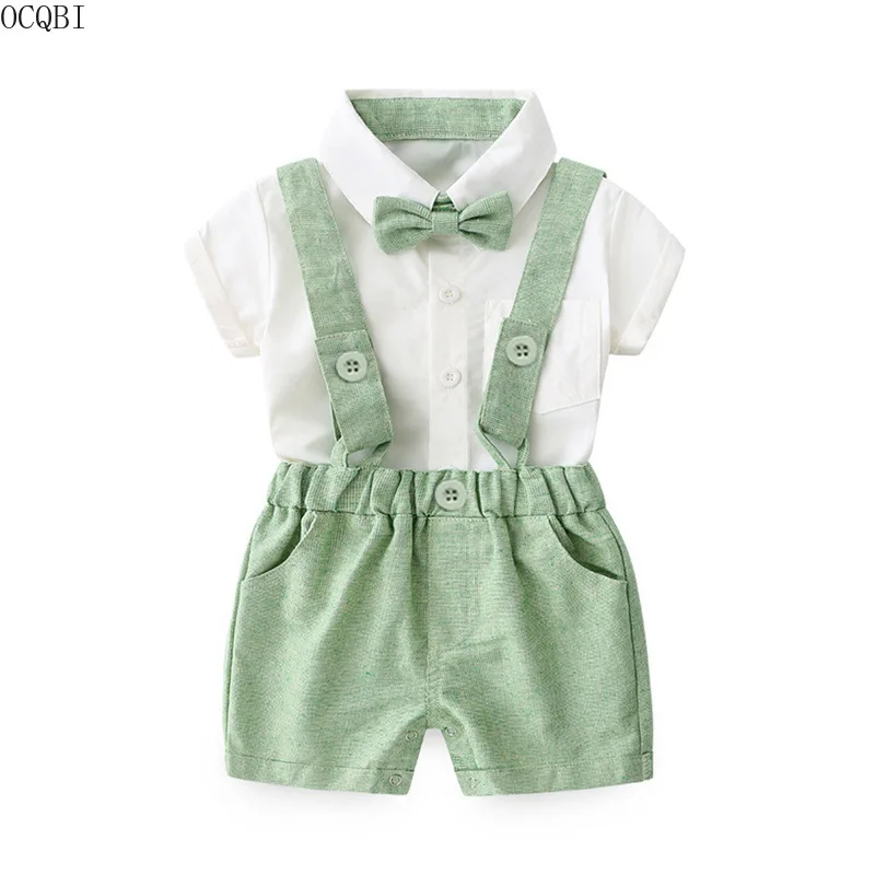 Koop Zomer herfst stijl baby boy kleding set pasgeboren baby katoenen kleding 2 stks korte mouw t shirt + bretels gentleman pak