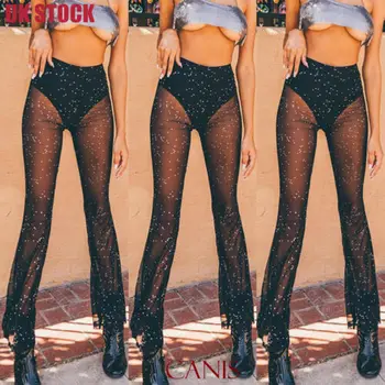 

Hot Women Crochet Beach Wide Leg Lace Pants Mesh Solid Black Pure Fashion Sexy See Through Cocktail Party Long Trousers
