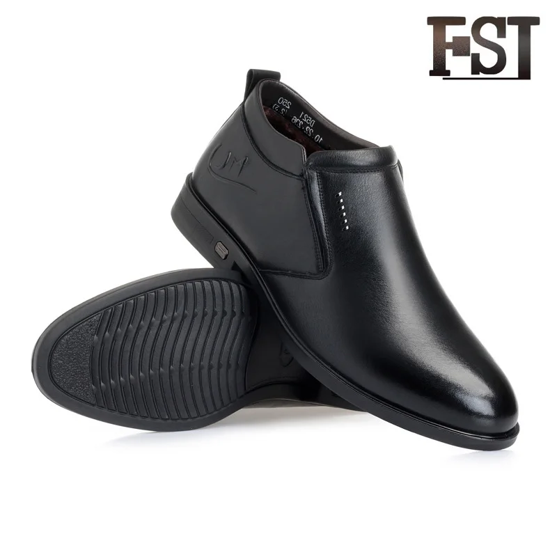

FSJ Genuine Leather Mens Solid Slip On Spring/Autumn Winter Sewing Height Increasing Waterproof Office Career shoes Size 44 43