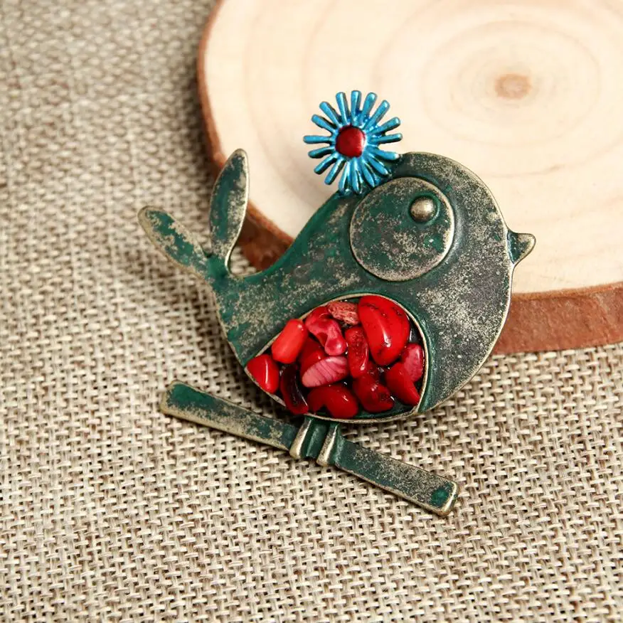Cute Bird Brooches Ancient Tin/Verdigris Patina Animal Stone Brooch Pins Gifts Dress Jewelry | Украшения и аксессуары