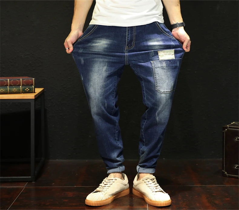 Мужские велосипедные джинсы большого размера, Осень-зима, новые эластичные свободные штаны-шаровары, Брендовые джинсовые брюки для мужчин, синие, черные, 42, 44, 46, 48