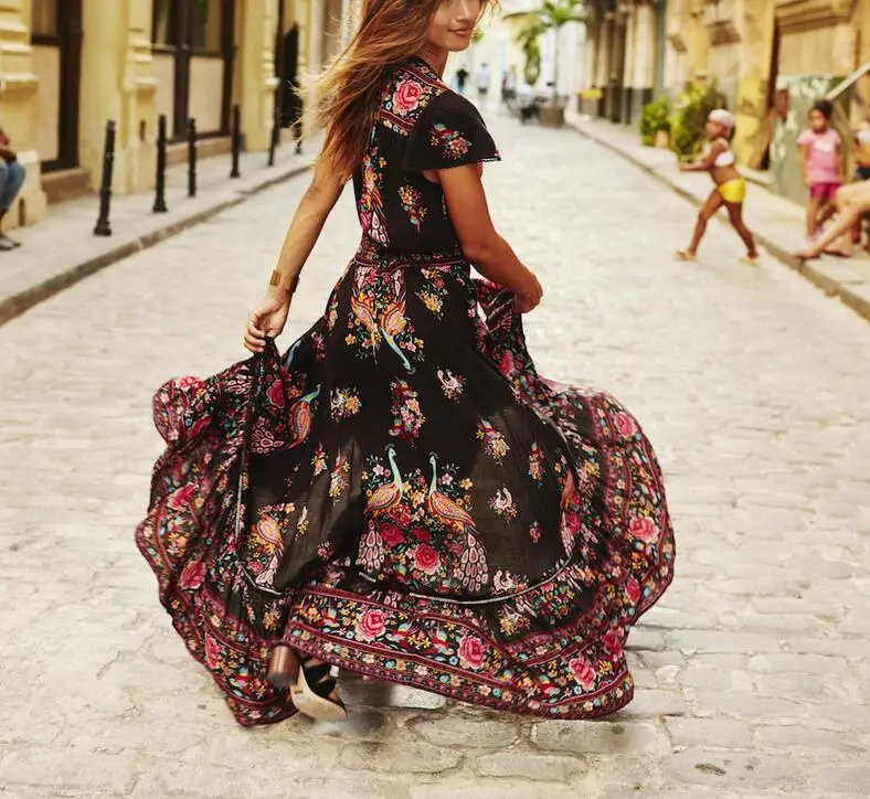 

2017 Summer loose Ethnic Dress Deep V-neck Sexy Maxi Beach Red Rose Print Retro Vintage Bohemian Hippie Dress Boho Robe Vestidos