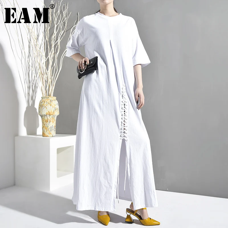 

[EAM] 2019 New Spring Autumn Round Neck Three-quarter Sleeve Hem Bandage Vent Loose Long Dress Women Fashion Tide WB0710