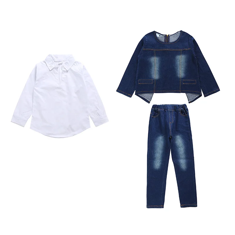 

Girls Designer Kids 2019 Fashionable Clothes 3pcs Splice Denim Top + White Shirt + Long Pants Back To School Girls Fall Outfits