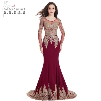 Long Sleeve Sexy Mermaid Evening Dresses 2017 Satin Appliques Lace Beaded See Through Sheer Robe De Soiree Sirene