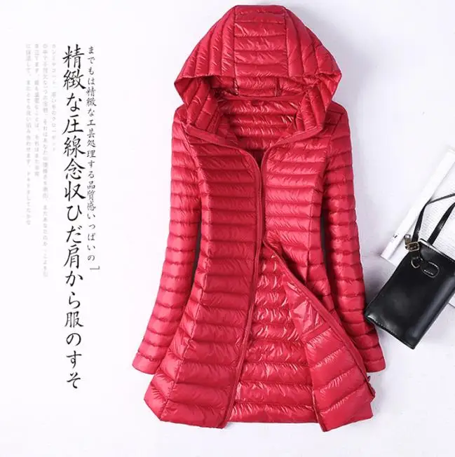 Осень-зима плюс Размеры 4XL Для женщин пуховик с капюшоном ультра легкий парки с гусиным пухом длинное пальто Теплый тонкий куртка Верхняя одежда SF1423 - Цвет: Красный