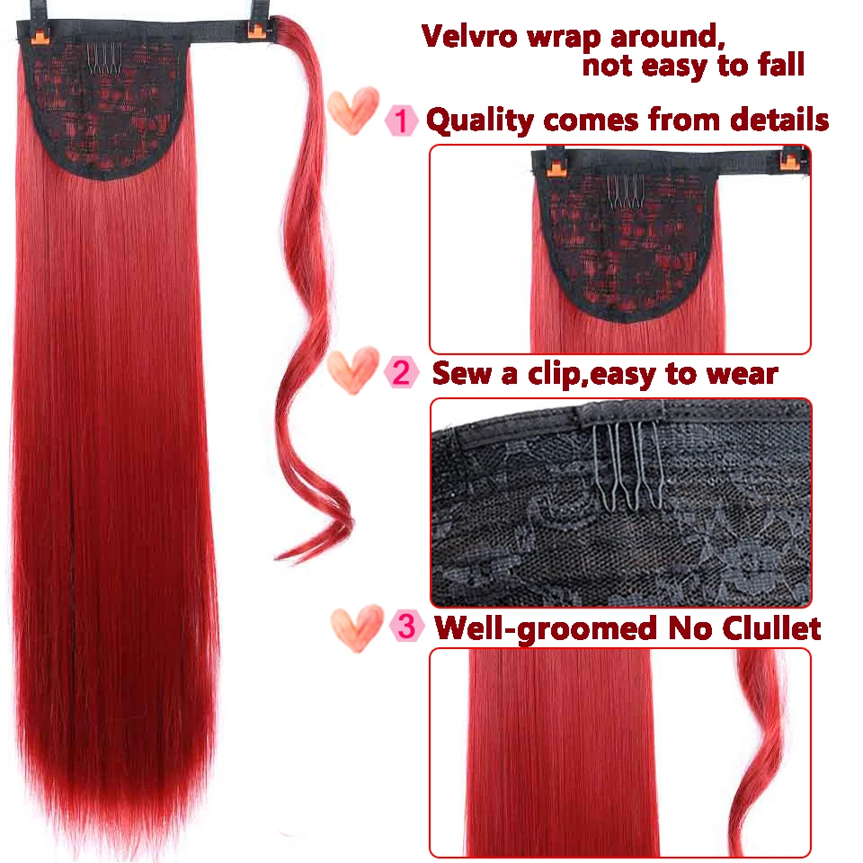 Reto em Torno do Grampo Rabo de Cavalo Extensões de Cabelo Feminino Sintético Polegada Longo Envoltório no Natural Preto Marrom Pônei Cauda Falso Cabelo Wtb 32 8 High Quality Apliques e perucas