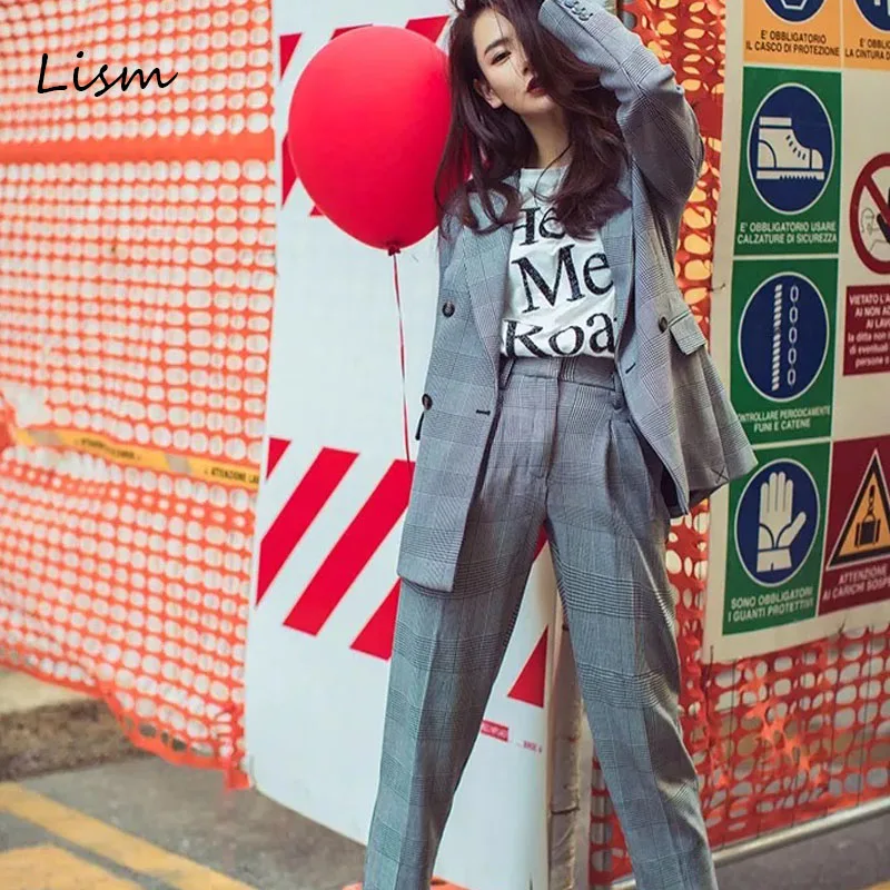 

LISM High Street Gray Vintage Plaid Woman Suit 2019 Office Autumn Spring Notched Collar Blazer Jacket&Harem Pant Suits For Women