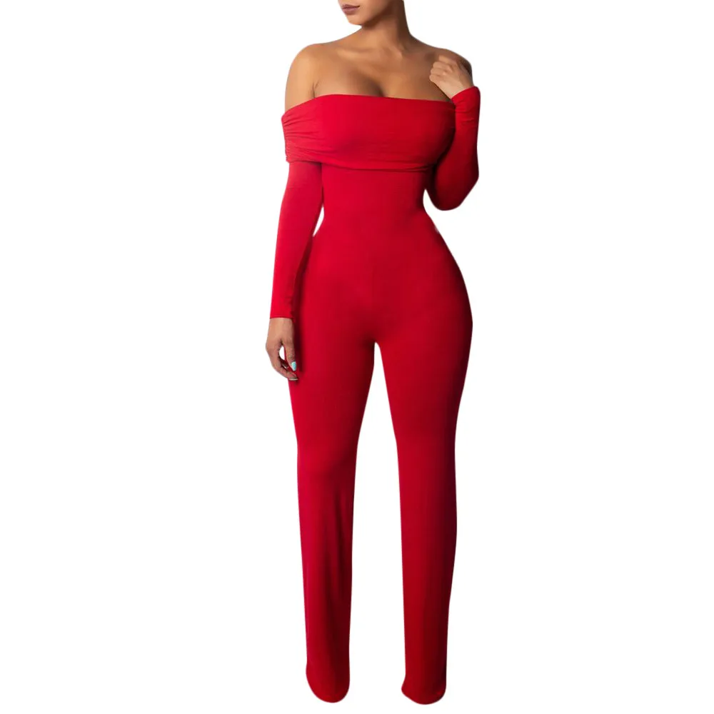 

JAYCOSIN S-XL Women Fall Jumpsuits Polyester Solid Off Shoulder Long Sleeve Jumpsuit Rompers Red Black z1030