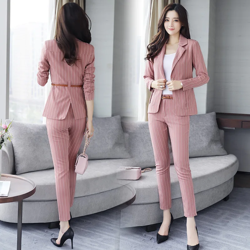 Новая мода 2 шт. комплект Женские OL бизнес работа в офисе носить брючный костюм розовый полосатый топ+ Штаны женские костюмы