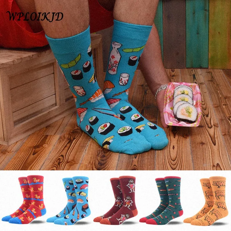 

[WPLOIKJD]Men's Socks Combed Cotton Jacquard Animals Sushi Funny Socks Cartoon Business Dress Crew Socks Wedding Gift Sokken