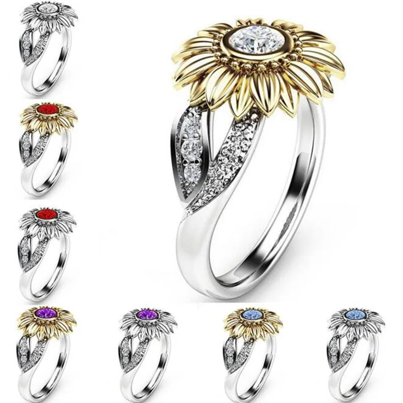 

European New Fashion Flowers Women Ring Charm Sunflower Ring plated Gold Color Jewelry Women Accessories Size 5-12 bague femme