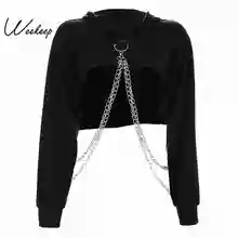 Weekeep черная укороченная толстовка с капюшоном для женщин, Свободный пуловер с цепью в стиле пэчворк, модная уличная толстовка с капюшоном, женские толстовки, Топ