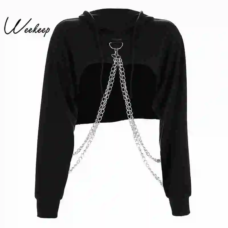 Günstige Weekeep Schwarz Gestellte Mit Kapuze Sweatshirt Frauen Lose Kette Patchwork Pullover Hoodie Mode Streetwear Schweiß Femme Hoodies Top