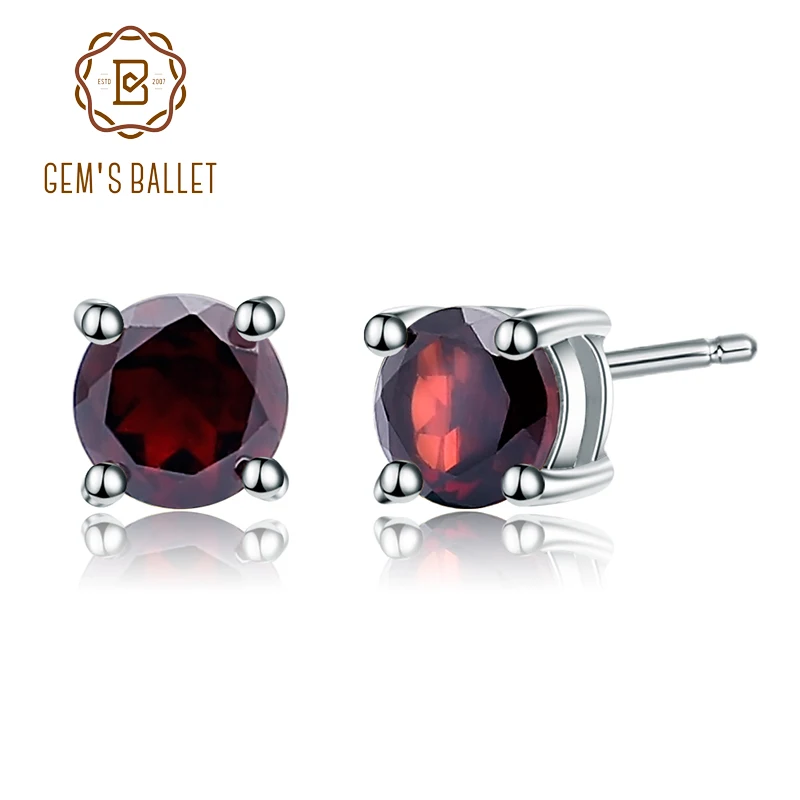 Gem's Ballet 5 мм 1.28Ct круглый натуральный красный гранат драгоценный камень серьги гвоздики из натуральной 925 пробы серебряные ювелирные изделия для женщин