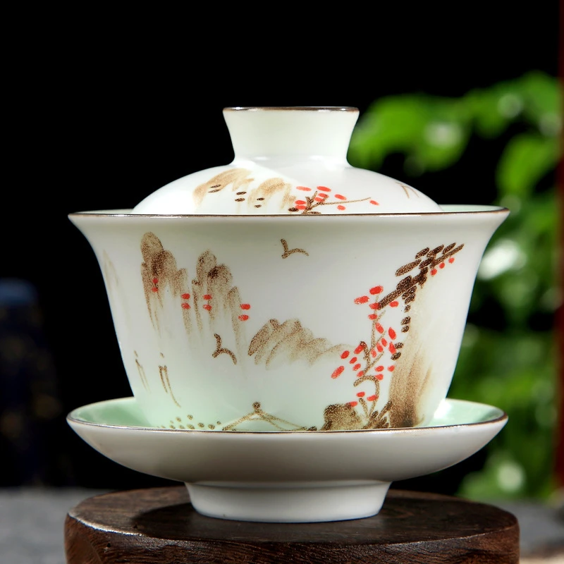 Gaiwan фарфоровая расписанная вручную горная-речная бамбуковая чаша с принтом лотоса, Набор чашек с крышкой, блюдце, подстаканник, в Китае