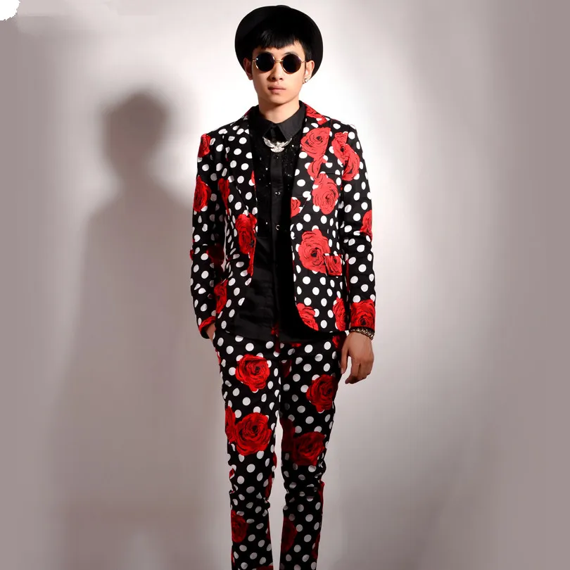 2020 Mens Floral Blazer New Rose Print Embroidery Polka Dot Party Club Vintage Veste Costume Homme | Мужская одежда
