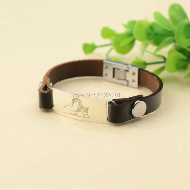 Engraving Photo Real Leather Bracelet Customizd Men 925 Solid Silver Engraving Photo Real Leather Bracelet Customizd Men 925 Solid Silver Charm Memorial Father Gift