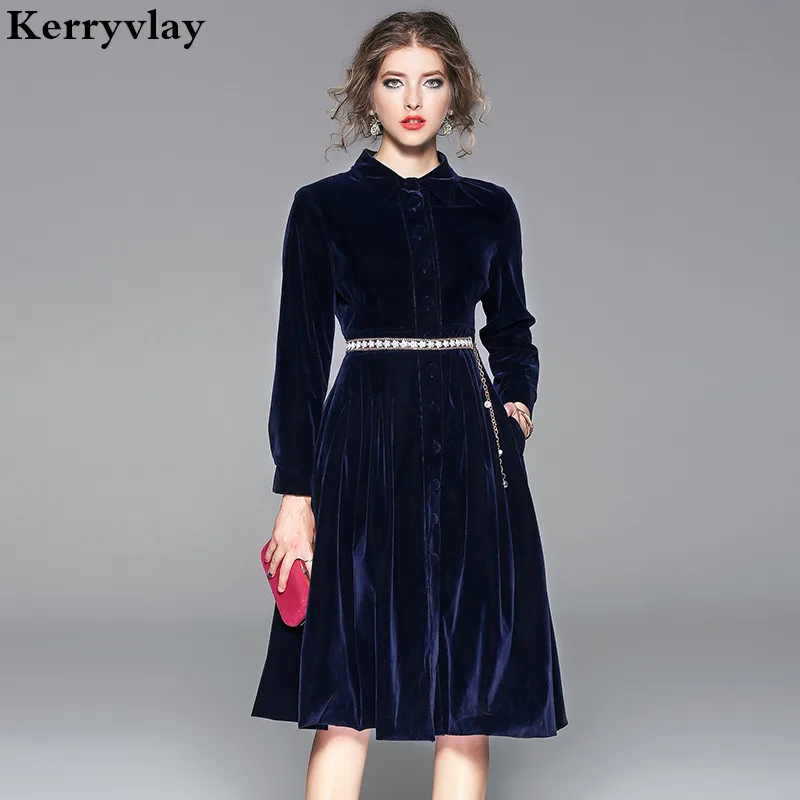 

OL Lapel Thick Velvet Blue Office Dress Elegant Women Long Sleeve Winter Dresses Moda Mujer 2019 Midi Party Dress Jurken K8861