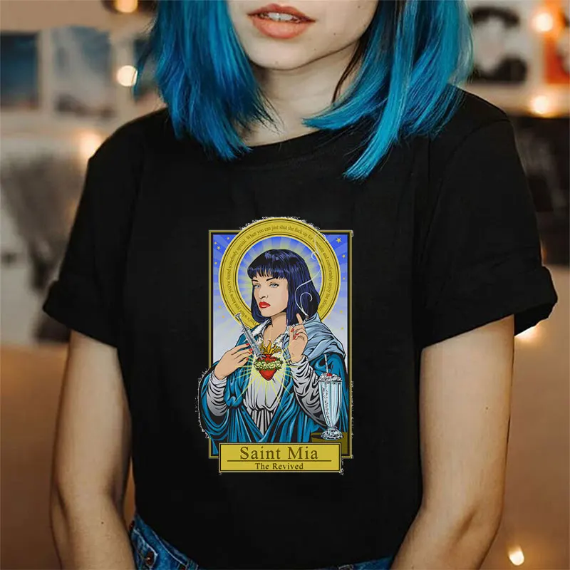 

Vintage Femme T-shirt Pulp Fiction Tshirt Harajuku Kawaii Streetwear Korean Style Tops Mia Wallace Printed Female T-shirt
