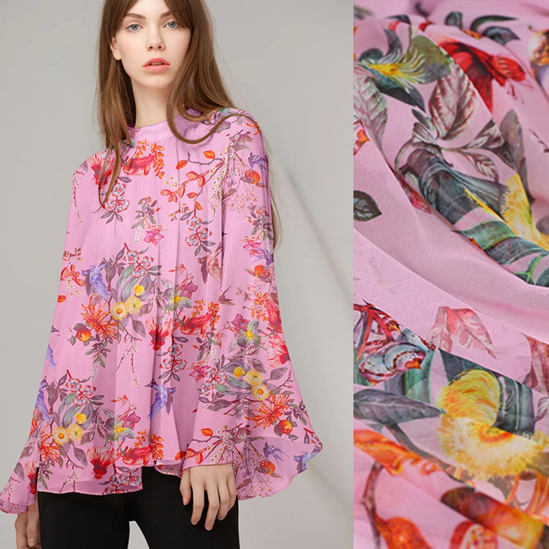 

135CM Wide 10MM Floral Print Pink Thin Silk Georgette Spring and Summer Long and Short Dress Shirt Clothes Fabric DE693