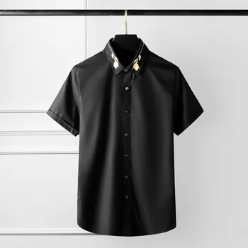 

Luxury 100% Cotton Men Shirt Fashion Rose Three Dimensional Embroidery Mens Dress Shirt Trend Short Sleeve Slim Fit Casual Shirt