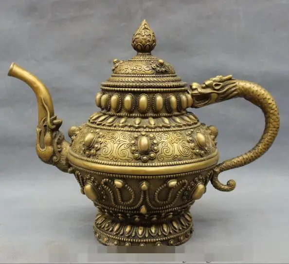 

S00189 12" Folk Chinese Bronze Dragon Head Statue Buddhism Style Teapot Wine Pot Flagon (B0413)