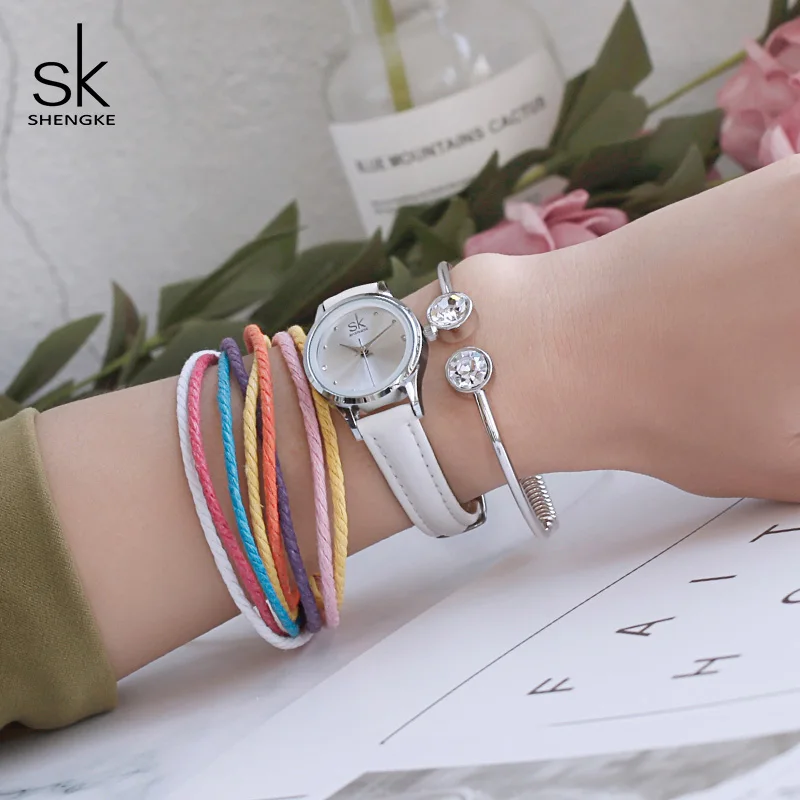 Часы Shengke женские повседневные кожаные кварцевые с браслетом 2019 | Наручные часы