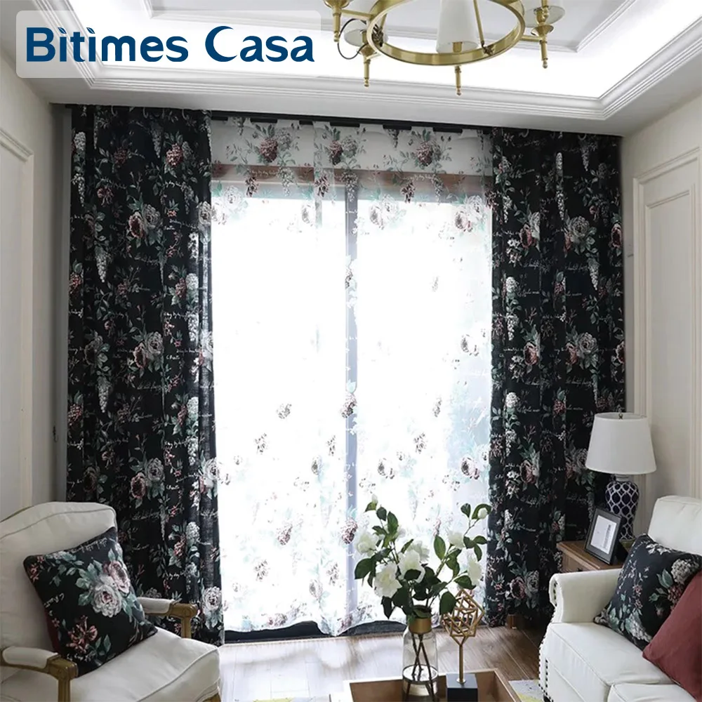 Black Floral Windows Curtain Drapes Rose Pattern Reactive Printing