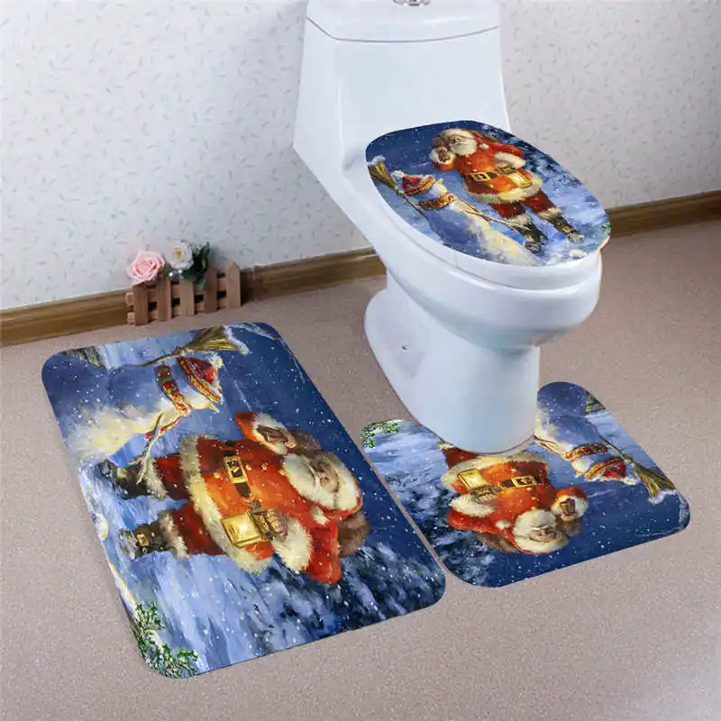 3PCS Christmas Bathroom Non-Slip Pedestal Rug + Lid Toilet Cover + Bath Mat Set Flannel Bottom Add a festive life #2n15 (10)