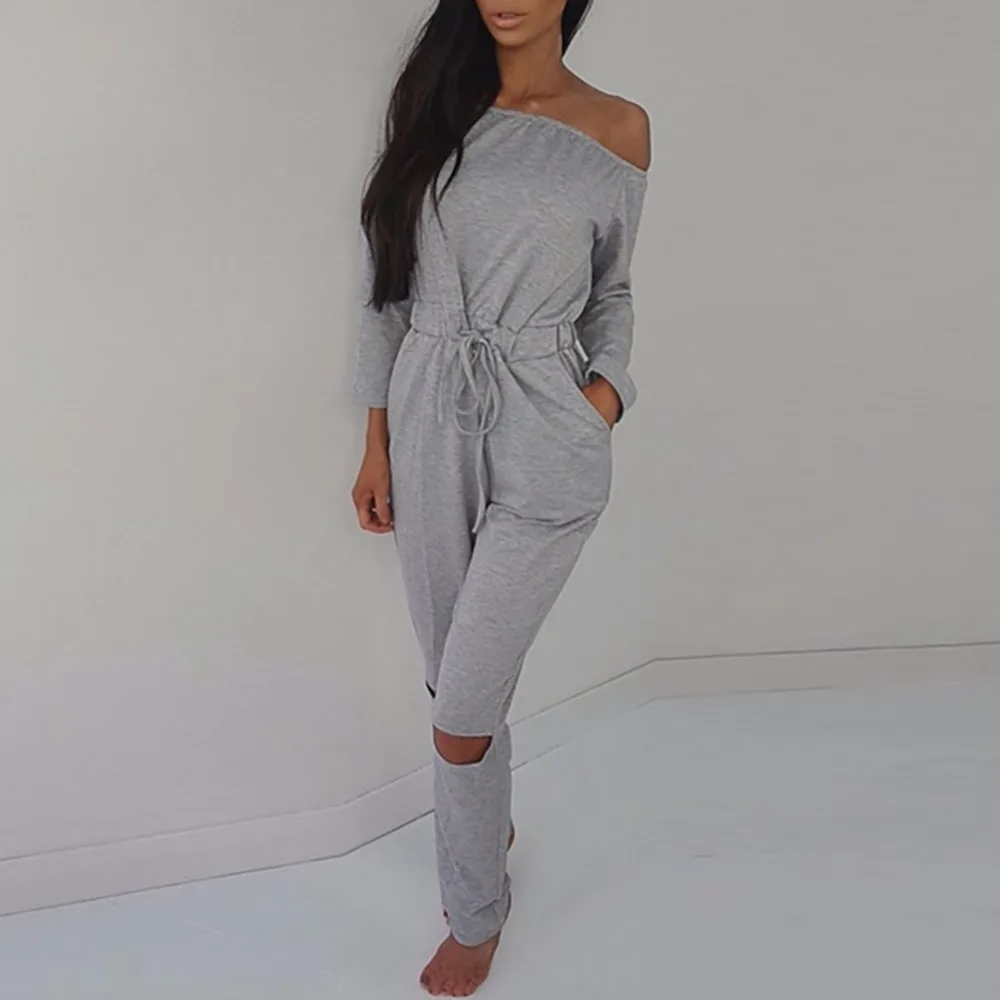 Sexy Off Shoulder Jumpsuit Women Knee Hole Full Length Rompers Waist Lace Up Slash Neck Long