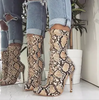 

European and American fashion women's boots snake pattern pointed lace stiletto boots women's boots 35-42 yards show shoes