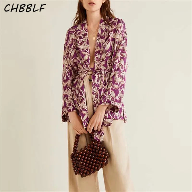 

CHBBLF women elegant print loose Kimono coat bow tie sashes long sleeve female casual cardigan chic top XDN8498
