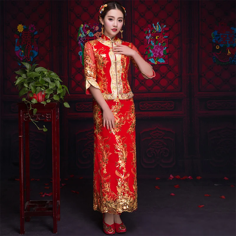 

Oriental Asian Bride beauty Chinese traditional Wedding Dress Women Red Floral Long Sleeve Embroidery Cheongsam Robe Qipao style