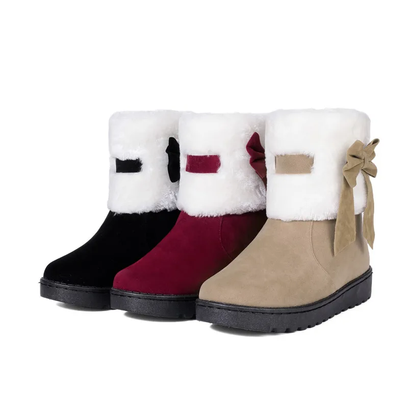 Moonmeek/зима Новое поступление, женские ботинки с круглым носком из флока на плоской подошве теплые ботинки, Украшенные бантами черные
