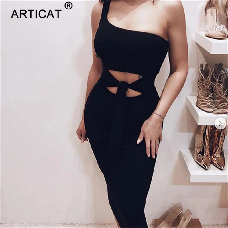 Articat Off одно плечо Sexy Bodycon трикотажные Осень платье Для женщин выдалбливают бинты