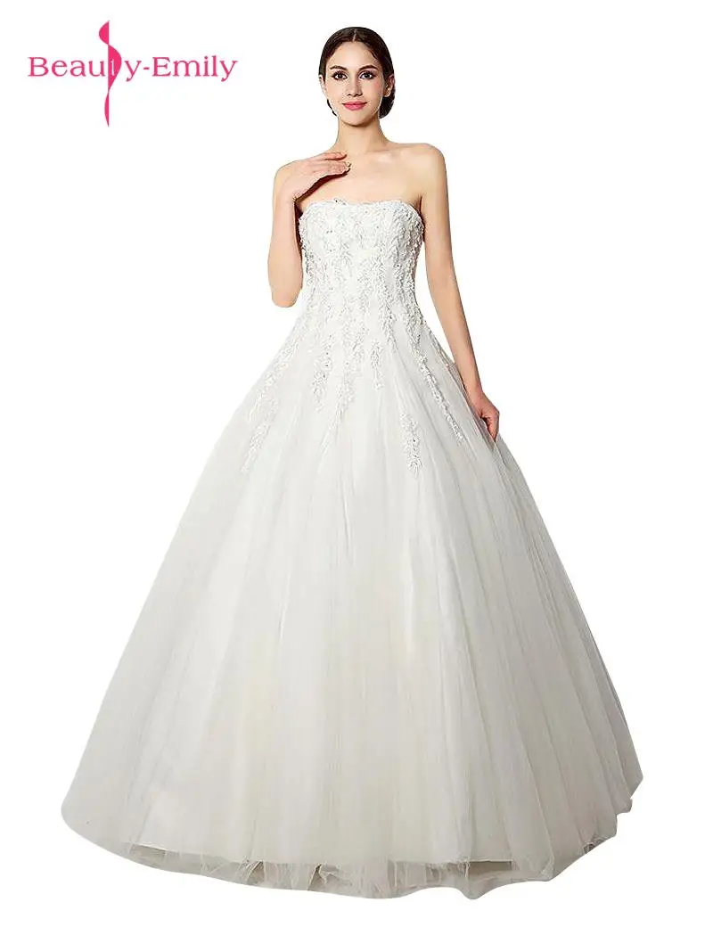 Beauty Emily Appliques Beading Strapless font b Wedding b font Dresses Sleeveless Sweep Train font b