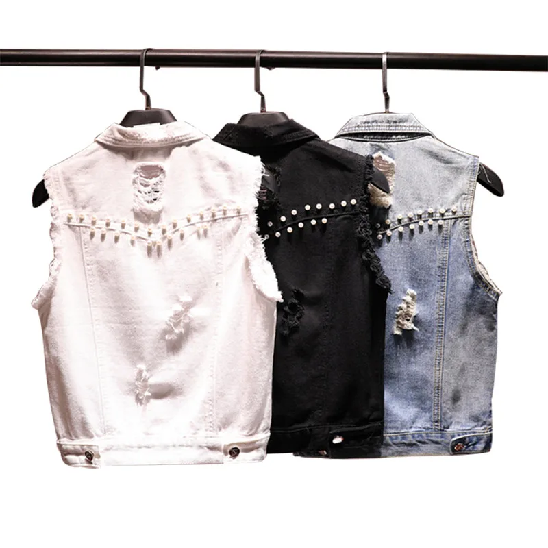 

White Black Rivet Hole Denim Vest Women Jeans Waistcoat 2019 New Summer Short Slim Sleeveless Female Jacket Korean Veste Femme