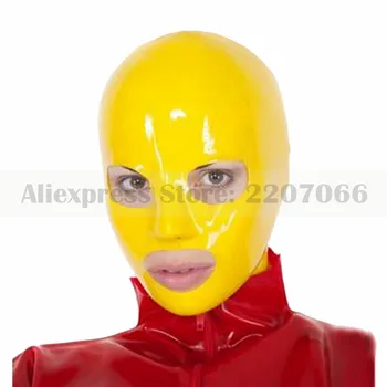 

Glue seams yellow sexy latex hoods with mouth eyes opened rubber party hood hot halloween Cosplay mask RLM219