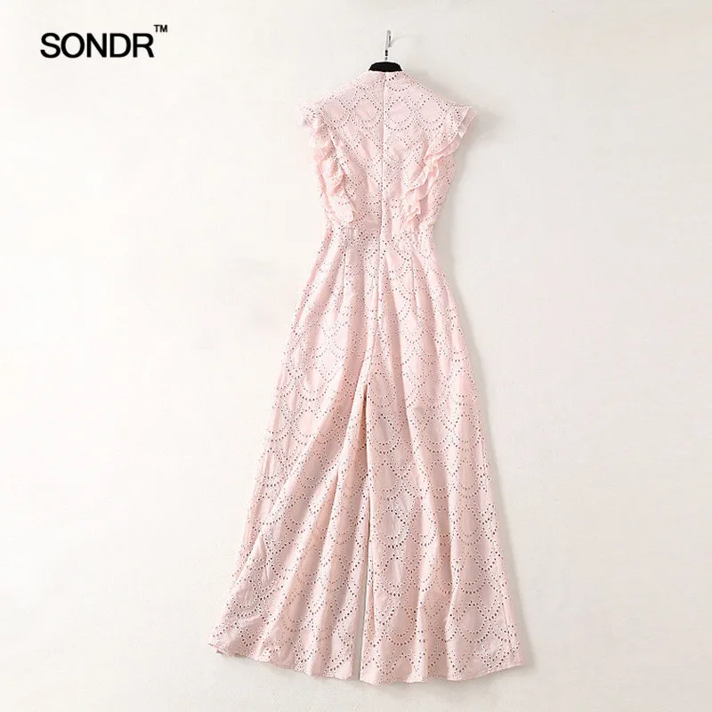 SONDR Vintage Hollow Out Women Jumpsuit V Neck Off Shoulder Ruffles Bandages High Waist Wide Leg Pants Female Spring 2019 SONDR Vintage Hollow Out Women Jumpsuit V Neck Off Shoulder Ruffles Bandages High Waist Wide Leg Pants Female Spring 2019