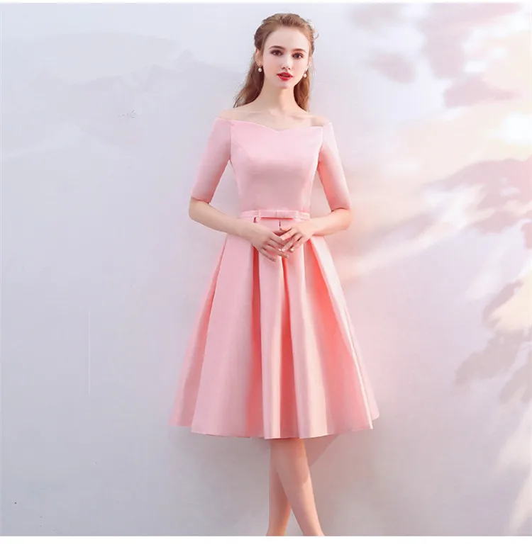 pink A Vestido De Noiva, новинка, розовое платье подружки невесты, длина до середины икры, атласное, v-образный вырез, элегантное, дешевое, выпускное, вечерние, торжественное платье, цвета на заказ - Цвет: pink A
