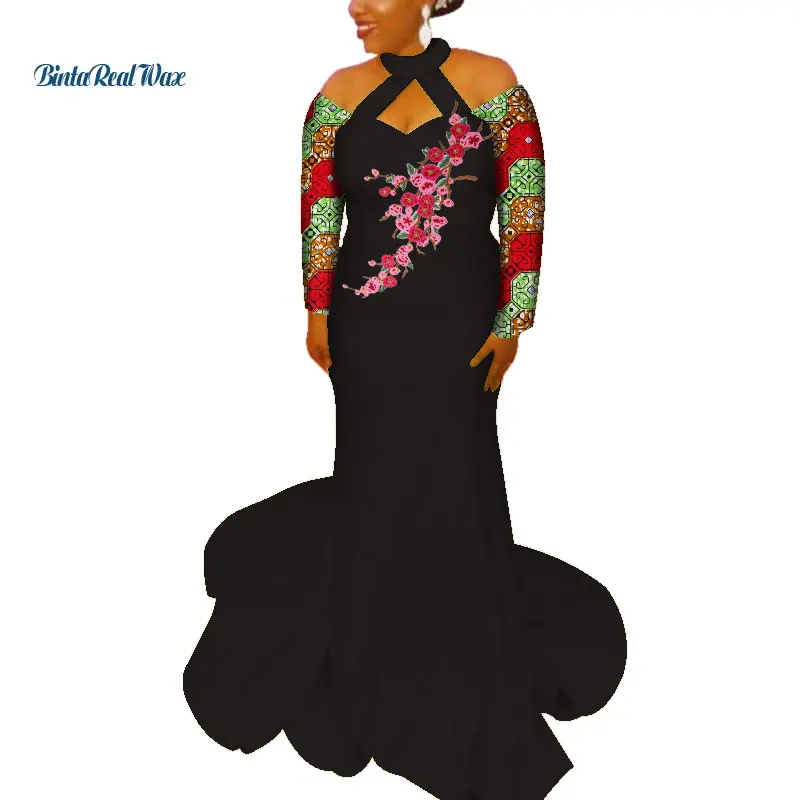 Новые африканские платья для женщин Воск Принт Аппликация Длинные платья Vestido Bazin Riche Dashiki Женская африканская Дизайнерская одежда WY3787