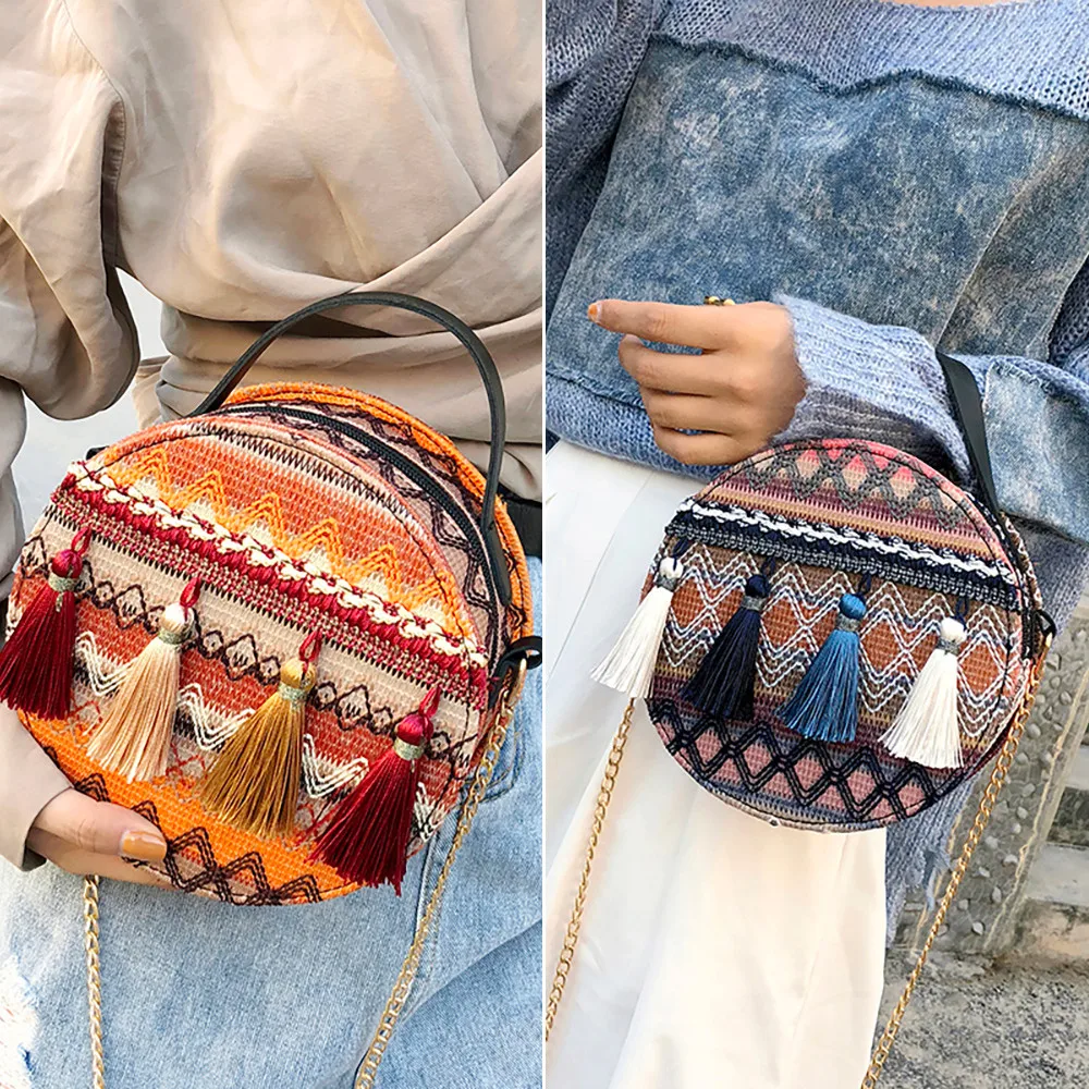 المرأة الوطنية الرياح حقيبة ساعي المحمولة سلسلة صغيرة حقيبة مستديرة شرابة حزمة أكياس Crossbody للنساء بولسا الأنثوية